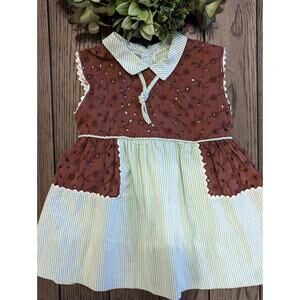 Vintage Retro 50's Mary Jane Green White Stripe Dress Brown eyelet top RicRac